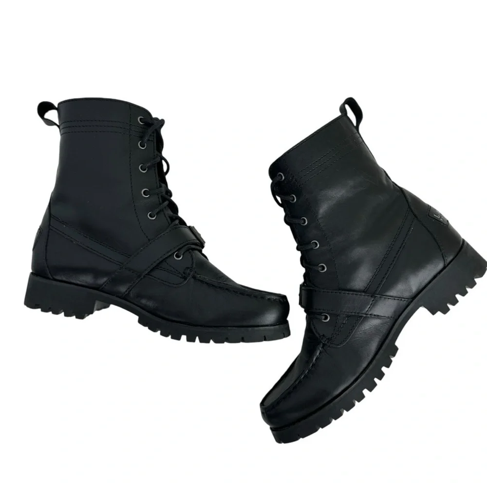 Lauren Ralph Lauren Zera Leather Lace Up Ankle Boots Black Buckle Womens Size 7B